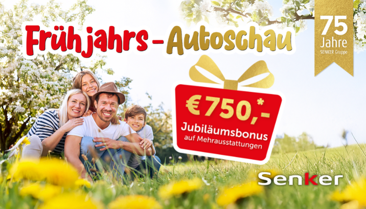 Sichern Sie sich jetzt den Jubiläumsbonus im Wert von € 750,- auf Mehrausstattungen bei jedem Neuwagenkauf.